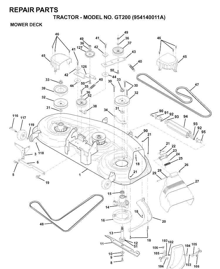 Mower Deck / Cutting Deck Diagram and Parts List for GT200 (954140011A)(1997-01) Husqvarna Lawn Tractor