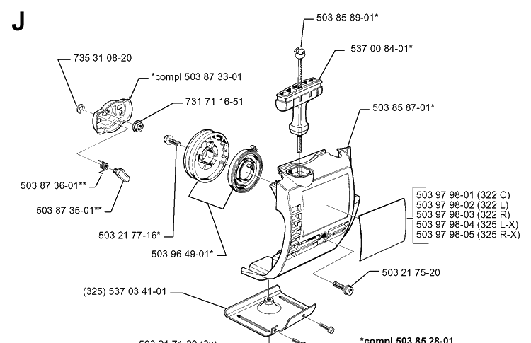 Starter Diagram and Parts List for 325RX 19991000001-20001900000 Husqvarna Brush Cutter