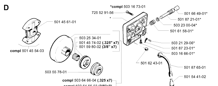 Clutch And Oil Pump Diagram and Parts List for 257 20013500001-Current Husqvarna Chainsaw