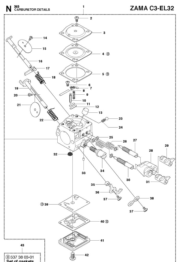 Carburetor Details Diagram and Parts List for 353 2011-01 Husqvarna Chainsaw