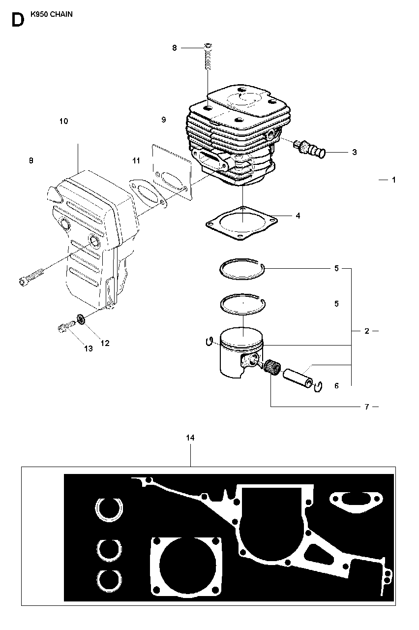 Cylinder, Piston And Muffler Diagram and Parts List for K950CHAIN 2007-01 Husqvarna Circular Saw