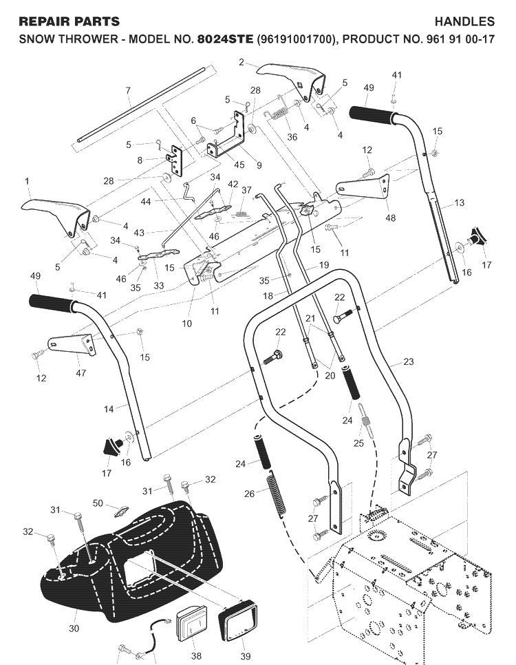 Handle Diagram and Parts List for 8024STE (96191001700)(2007-07) Husqvarna Snow Blower