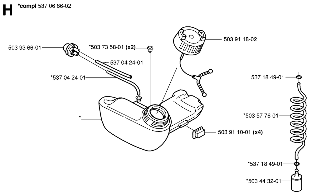 Fuel Tank Diagram and Parts List for HA110 20050600001 - 20054000000 Husqvarna Trimmer