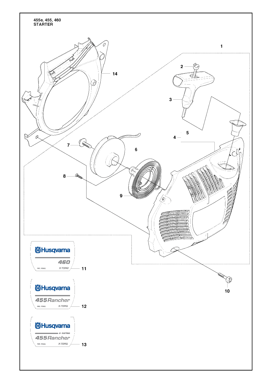 Starter Diagram and Parts List for 455ERANCHER 2009-10 Husqvarna Chainsaw