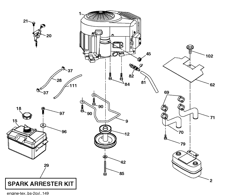 Engine Diagram and Parts List for YTH20V42 (96043029900)(2018-10) Husqvarna Lawn Tractor