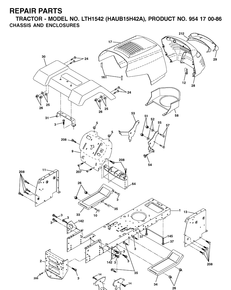 Chassis And Enclosures Diagram and Parts List for LTH1542 (HAUB15H42A)(2003-01) Husqvarna Lawn Tractor