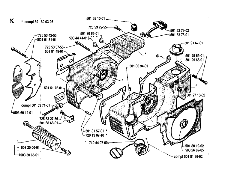 Crankcase Diagram and Parts List for 288 19911400001-19933600000 Husqvarna Chainsaw