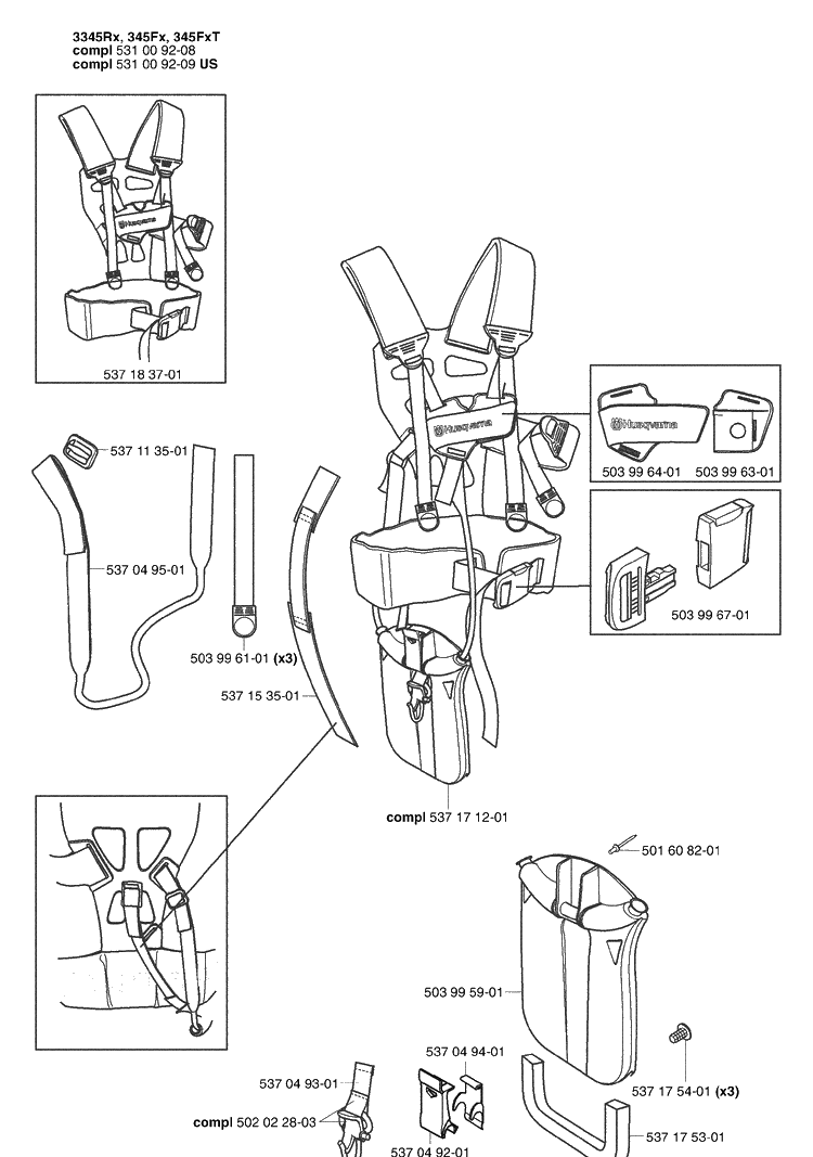 Harness (A) Diagram and Parts List for 345RX 2003-05 Husqvarna Brush Cutter