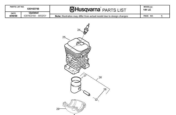 Cylinder Piston Diagram and Parts List for 141LE 2008-06 Husqvarna Chainsaw