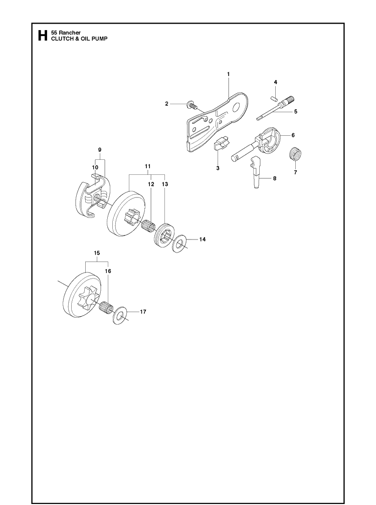 Clutch And Oil Pump Diagram and Parts List for 55 (RANCHER)(20101400001-Current) Husqvarna Chainsaw