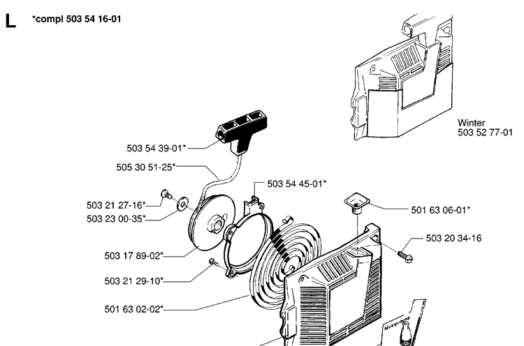 Starter Diagram and Parts List for 254 19960100001-19980900000 Husqvarna Chainsaw