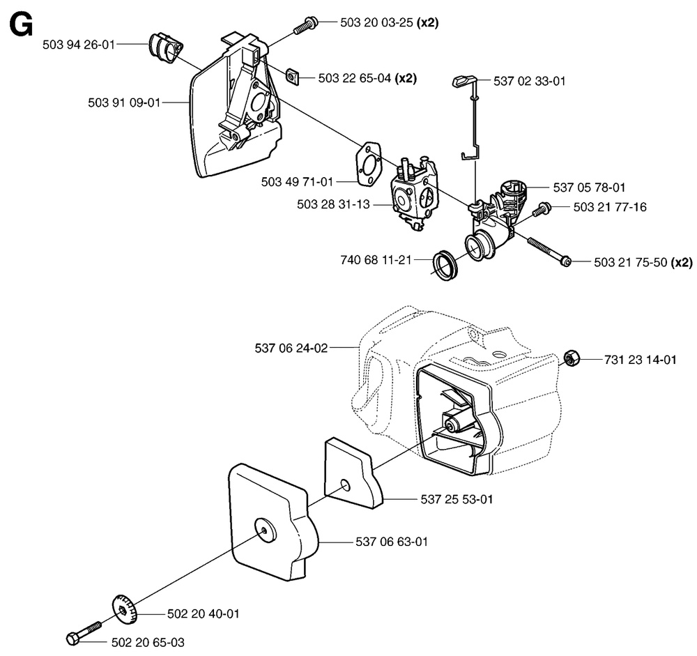 Carburetor And Air Filter Diagram and Parts List for 325HD60X 20022200001 - 20062300000 Husqvarna Hedge Trimmer