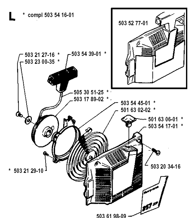Starter Diagram and Parts List for 257 19942300001-19960100000 Husqvarna Chainsaw