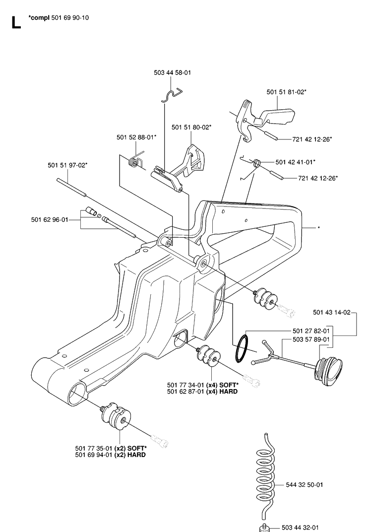 Fuel Tank Diagram and Parts List for 272XP 20070100001-20091400000 Husqvarna Chainsaw