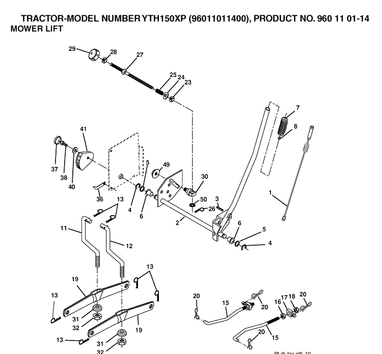 Mower Lift / Deck Lift Diagram and Parts List for YTH150XP (96011011400)(2006-01) Husqvarna Lawn Tractor