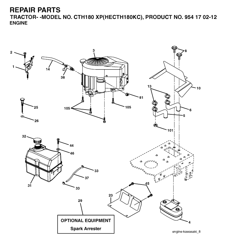 Engine Diagram and Parts List for CTH180XP (HECTH180KC)(2004-01) Husqvarna Lawn Tractor