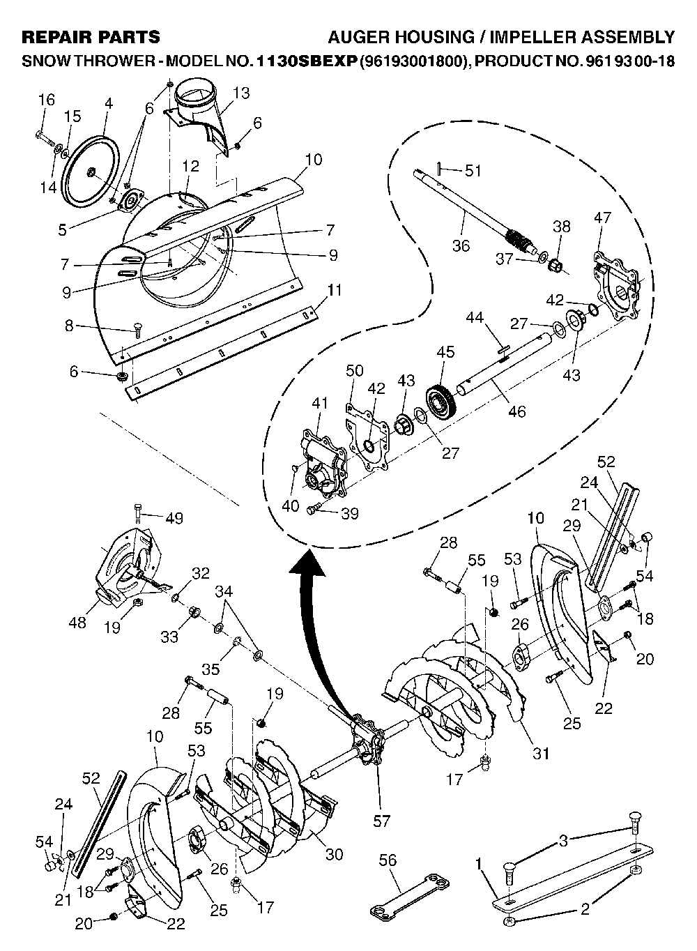 Auger Housing And Impeller Diagram and Parts List for 1130SBEXP (96193001800, 961930018)(2006-10) Husqvarna Snow Blower