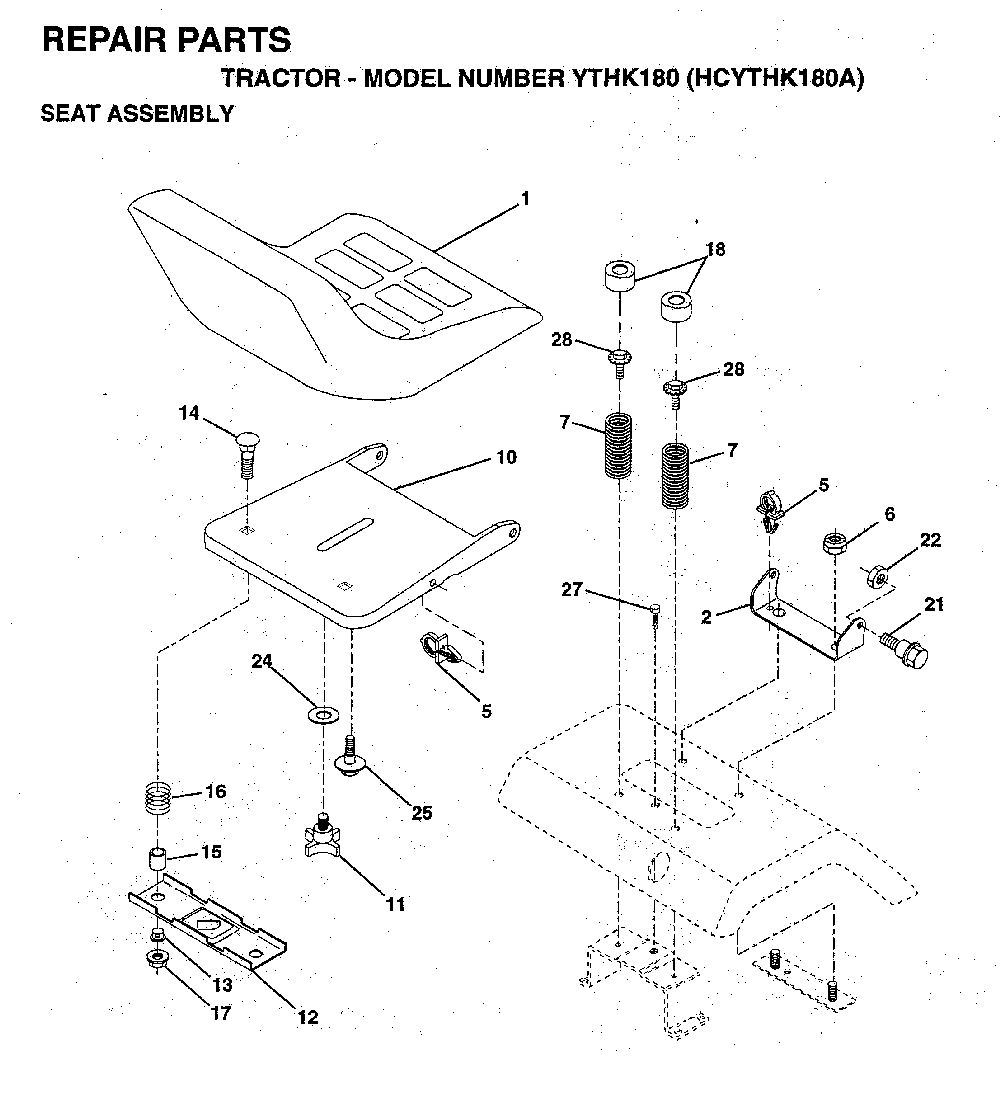 Seat Diagram and Parts List for YTHK180 (HCYTHK180A)(1996-01) Husqvarna Lawn Tractor