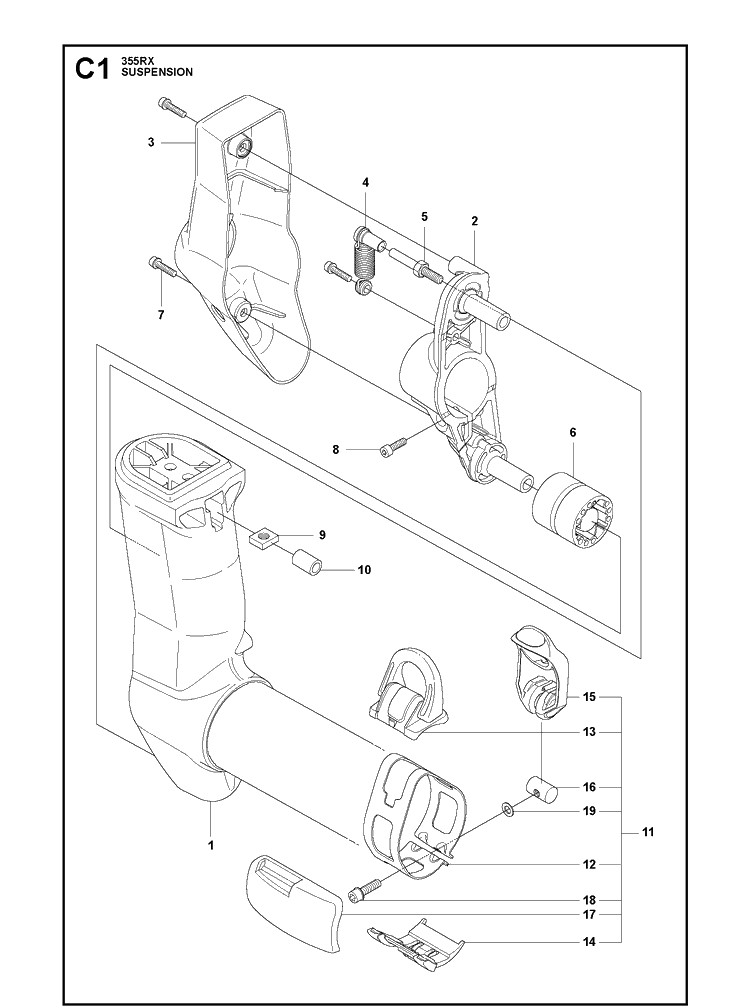 Suspension 3 Diagram and Parts List for 355RX  Husqvarna Brush Cutter