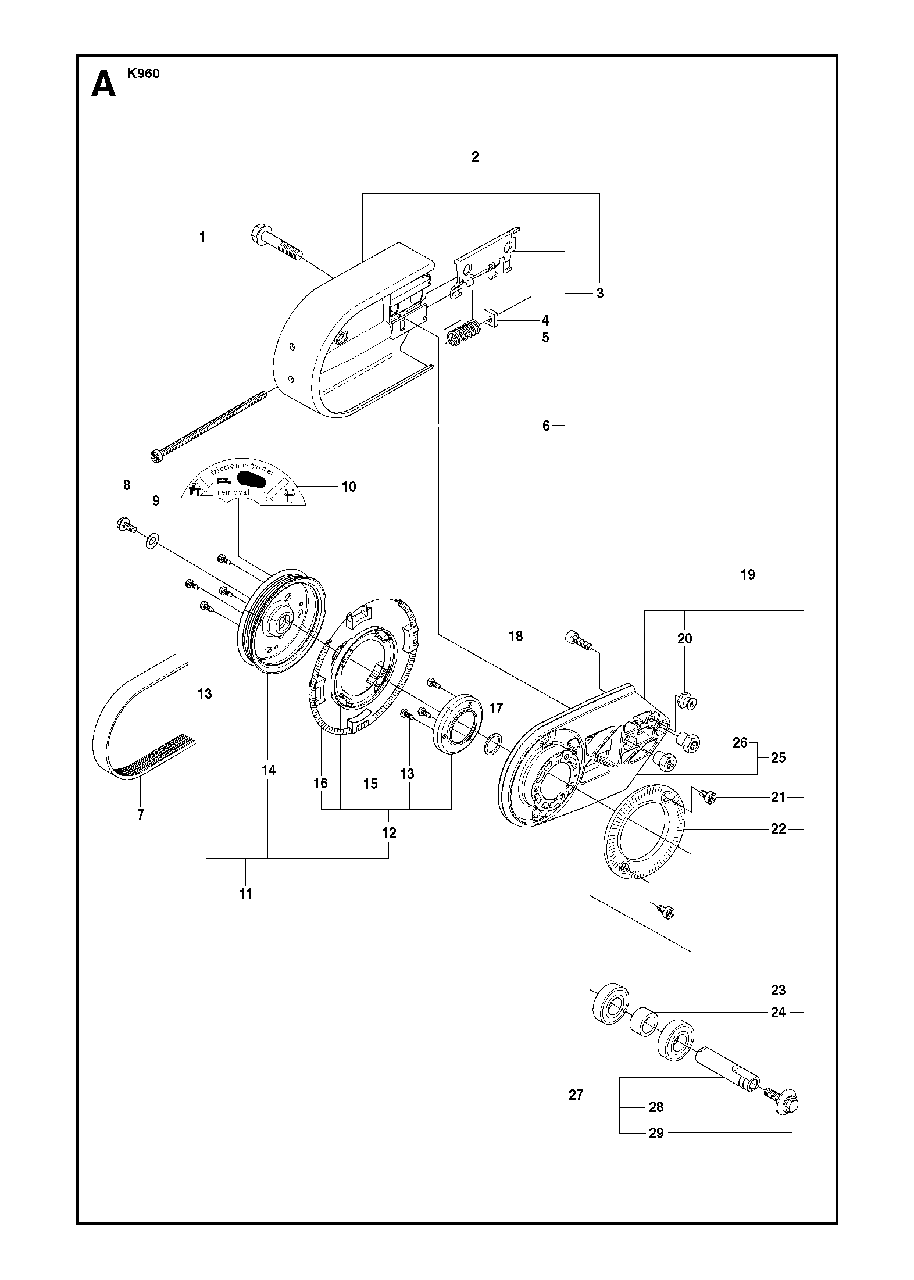 Belt Guard And Pulley Diagram and Parts List for K960 2007-07 Husqvarna Circular Saw