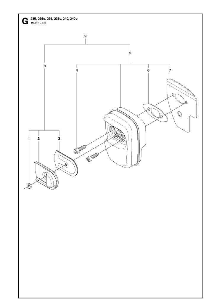 Muffler Diagram and Parts List for 240 20101400001-20144000000 Husqvarna Chainsaw