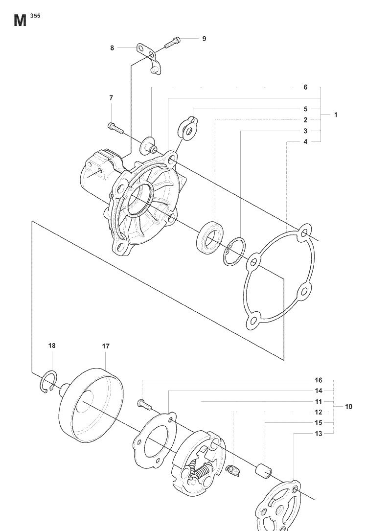 Clutch Diagram and Parts List for 355FXT 20073100001-20082700000 Husqvarna Brush Cutter