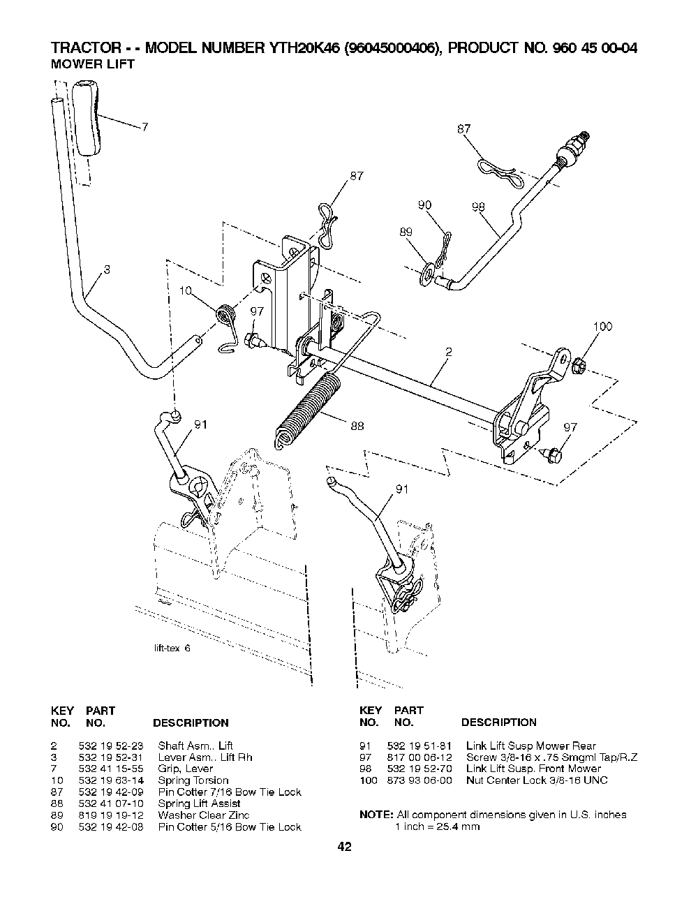 Mower Lift / Deck Lift Diagram and Parts List for YTH20K4696045000406 2008-03 Husqvarna Lawn Tractor