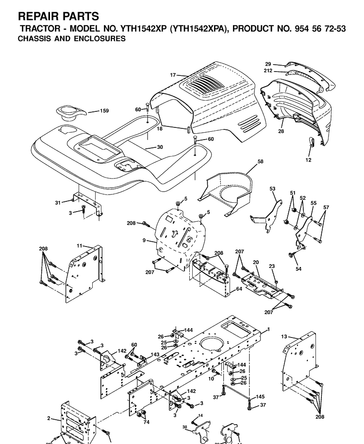Chassis And Enclosures Diagram and Parts List for YTH1542XP (954567253)(2001-01) Husqvarna Lawn Tractor