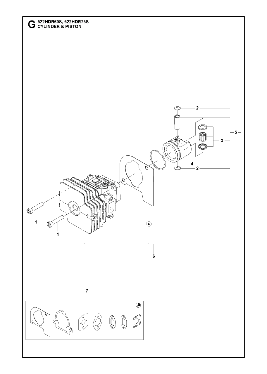 Cylinder Piston Diagram and Parts List for 522HDR 60-75 S Husqvarna Hedge Trimmer