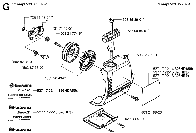 Starter Diagram and Parts List for 326HE4 (X-SERIES)(20033100001-20040100000) Husqvarna Hedge Trimmer