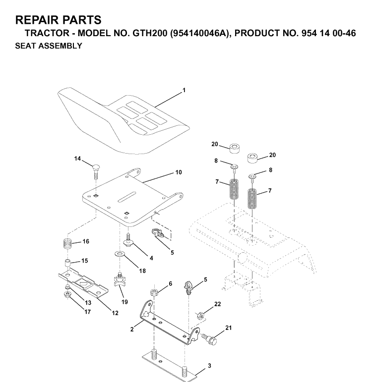 Seat Diagram and Parts List for GTH200 (954140046A)(1998-09) Husqvarna Lawn Tractor