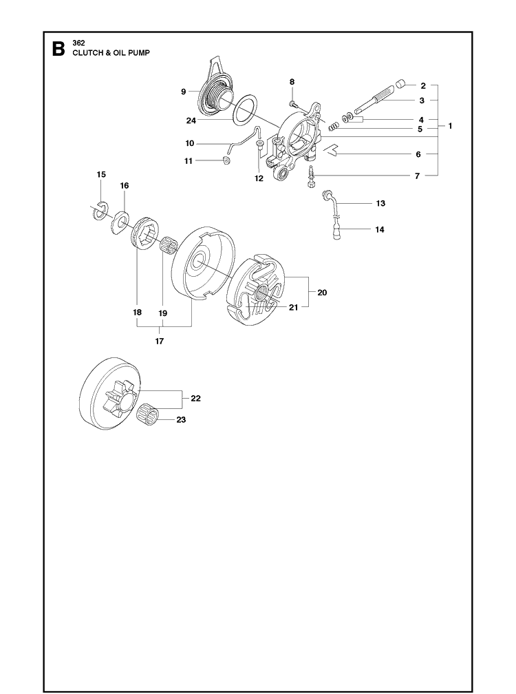 Clutch And Oil Pump 3 Diagram and Parts List for 362  Husqvarna Chainsaw