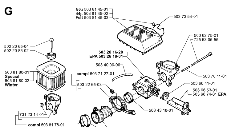 Carburetor And Air Filter Diagram and Parts List for 371XP 19991800001-Current Husqvarna Chainsaw