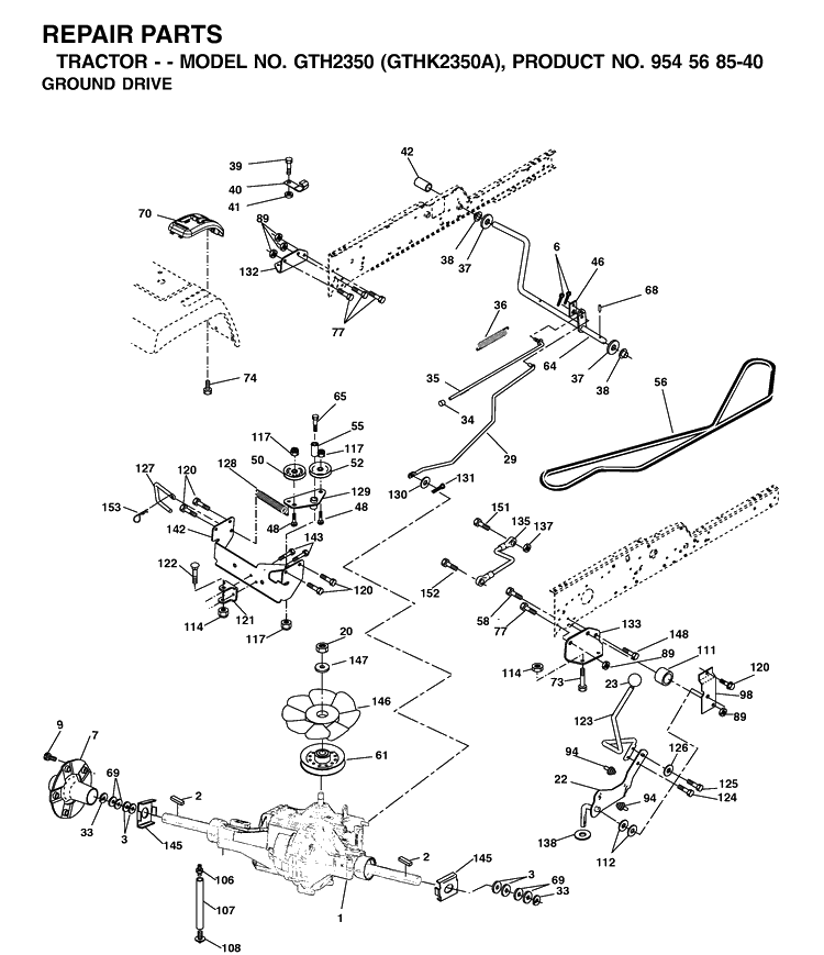 Drive Diagram and Parts List for GTH2350-GTHK2350A 2002-07 Husqvarna Lawn Tractor