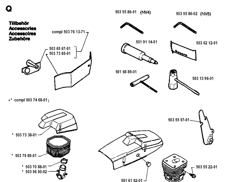 Accessories Diagram and Parts List for 394XP 19940100001-19960100000 Husqvarna Chainsaw