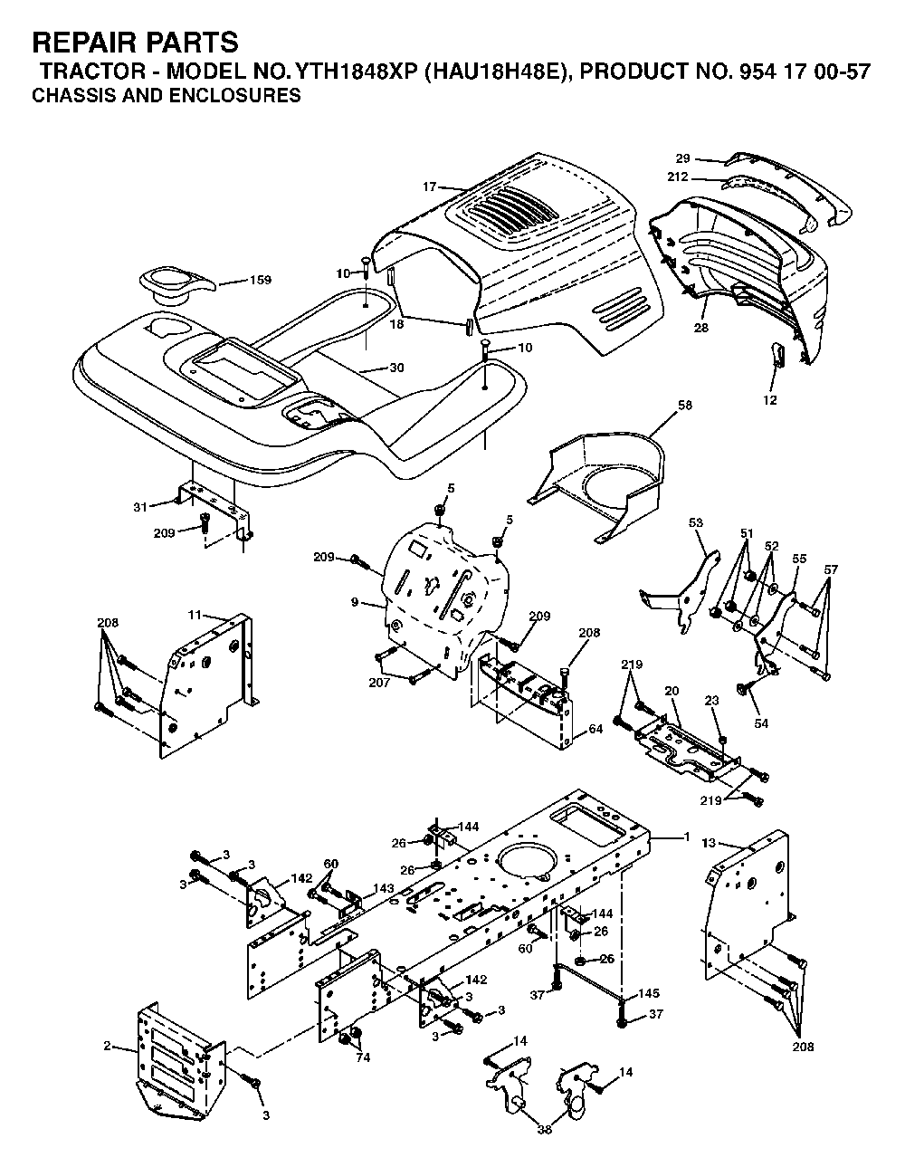 Chassis And Enclosures Diagram and Parts List for YTH1848XP (HAU18H48E, 954170057)(2003-01) Husqvarna Lawn Tractor