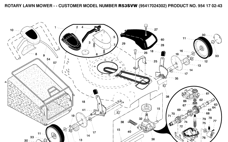 Drive Diagram and Parts List for R53SVW (95417024302)(2005-04) Husqvarna Lawn Mower