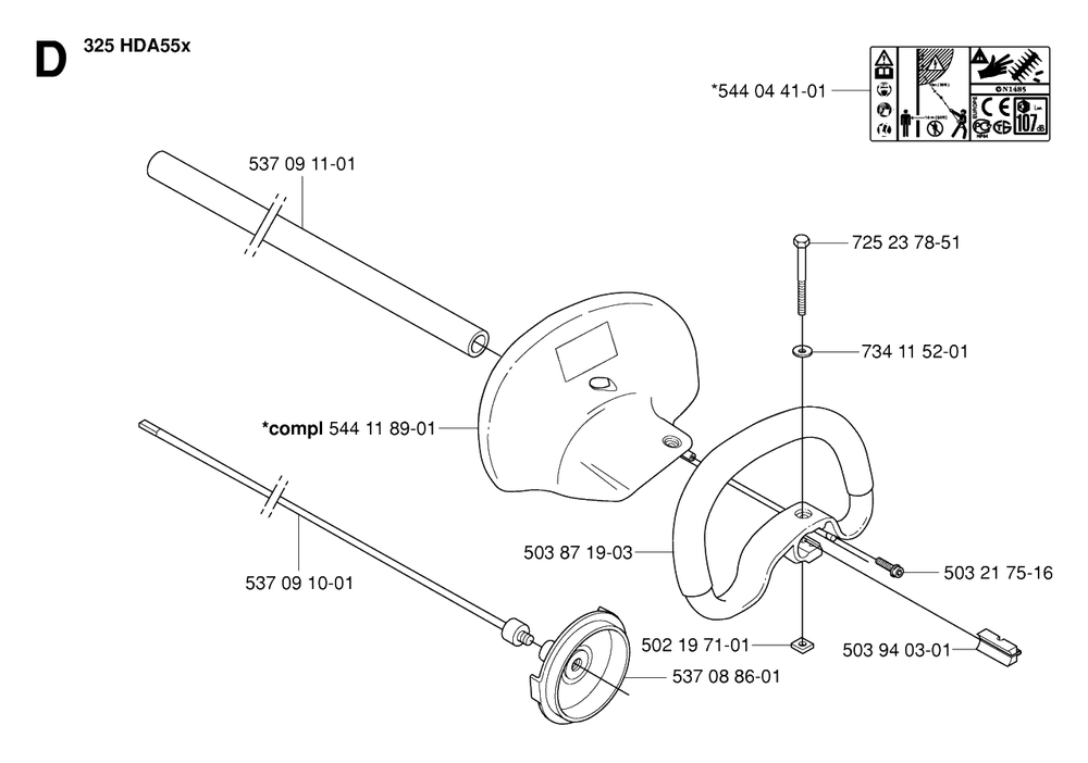 Shaft And Handle Diagram and Parts List for 325HDA55X 20053600001 - 20054000000 Husqvarna Hedge Trimmer