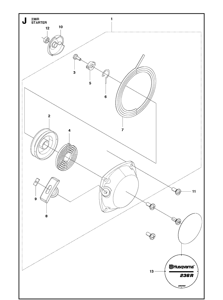 Starter Diagram and Parts List for 236R 20090100001-20143600000 Husqvarna Brush Cutter