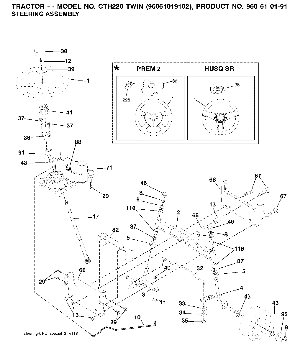 Steering Diagram and Parts List for CTH220TWIN (96061019102)(2007-11) Husqvarna Lawn Tractor