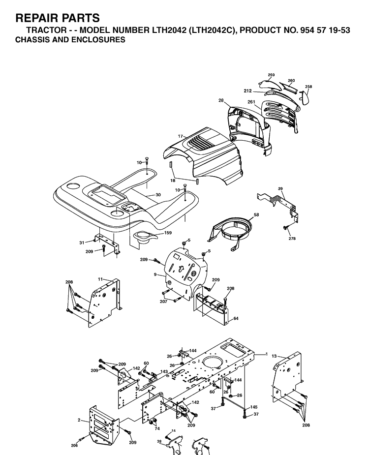 Chassis And Enclosures Diagram and Parts List for LTH2042-LTH2042C 2004-03 Husqvarna Lawn Tractor