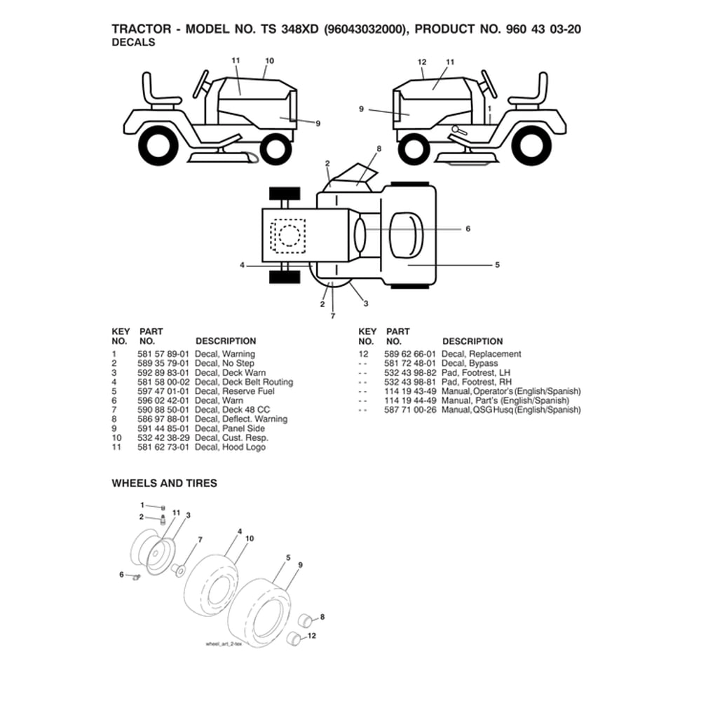 Wheels And Tires Diagram and Parts List for 96043032000  Husqvarna Lawn Tractor