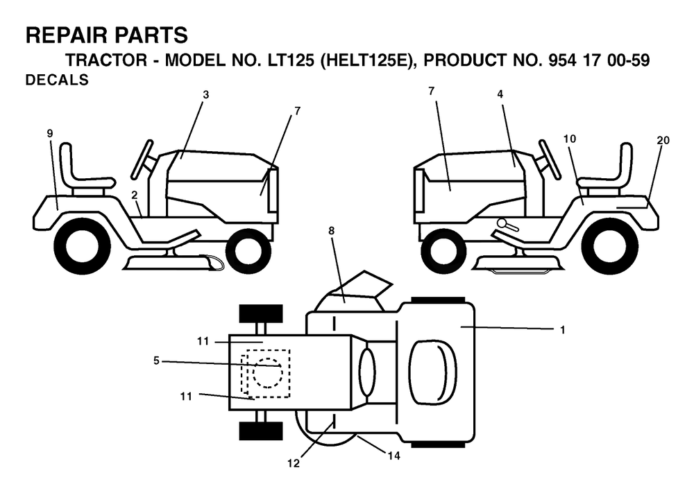 Decals Diagram and Parts List for LT125 (954170059-E)(2002-03) Husqvarna Lawn Tractor