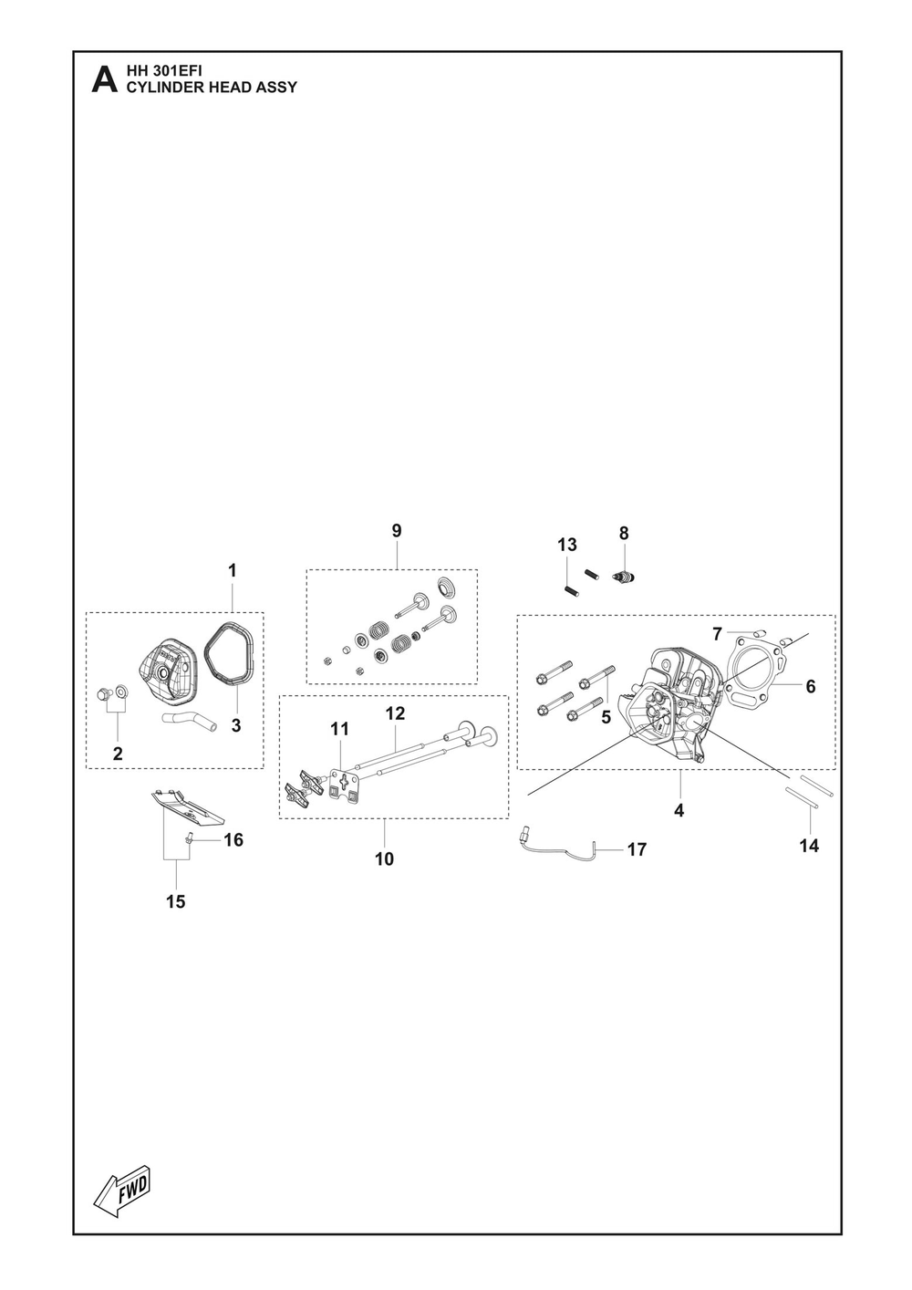 Cylinder Head Assembly Diagram and Parts List for HH301EFI 598610301, 598610302 Husqvarna Engine