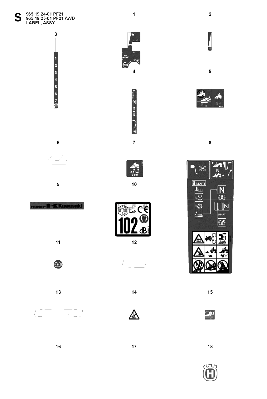 Decals Diagram and Parts List for PF21AWD (965192501)(2008-03) Husqvarna Lawn Tractor