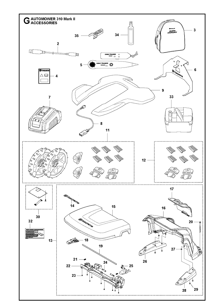 Accessories Diagram and Parts List for 310 Mark II Husqvarna Lawn Mower