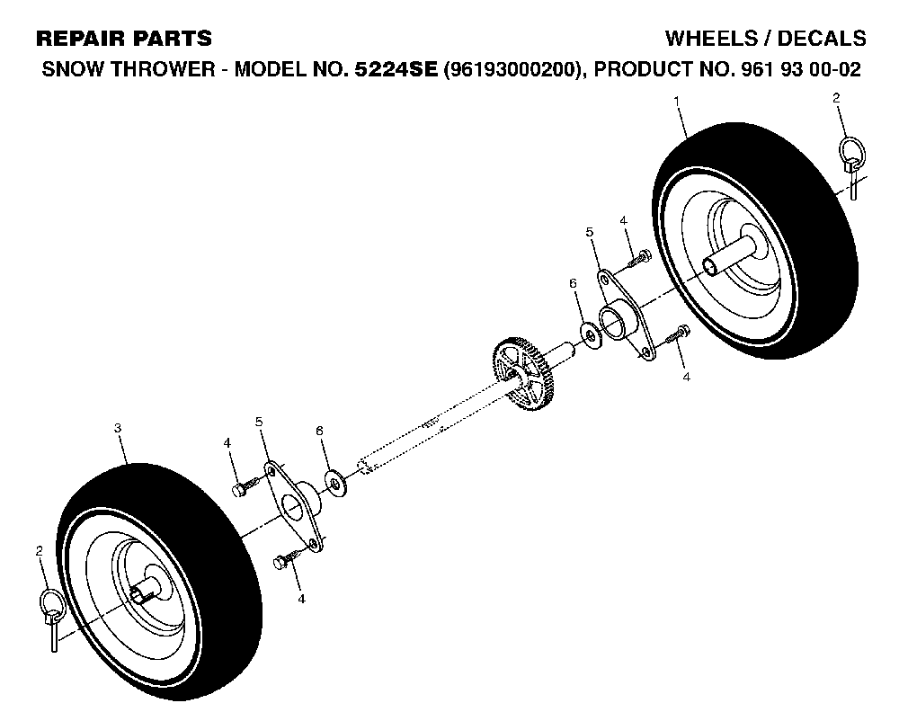 Wheels And Tires Diagram and Parts List for 5524SE (96193000200, 961930002)(2006-05) Husqvarna Snow Blower