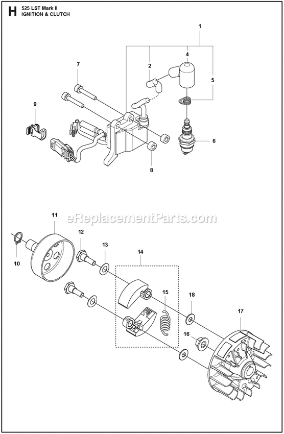 Ignition System And Clutch Diagram and Parts List for 525LSTMARKII  Husqvarna Trimmer
