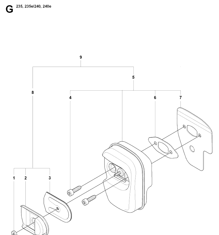 Muffler Diagram and Parts List for 235 20080100001-20091400000 Husqvarna Chainsaw