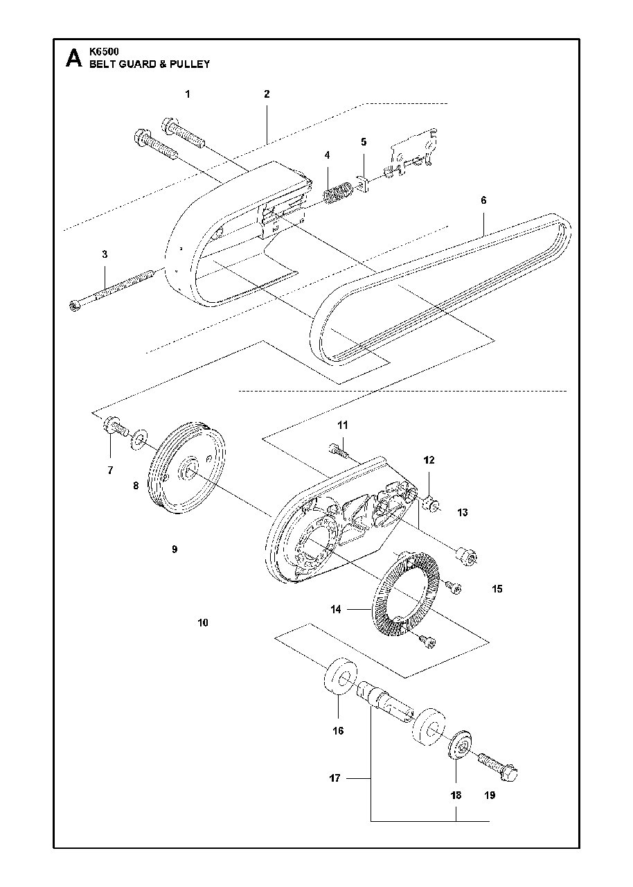 Belt Guard And Pulley Diagram and Parts List for K6500 2012-10 Husqvarna Circular Saw